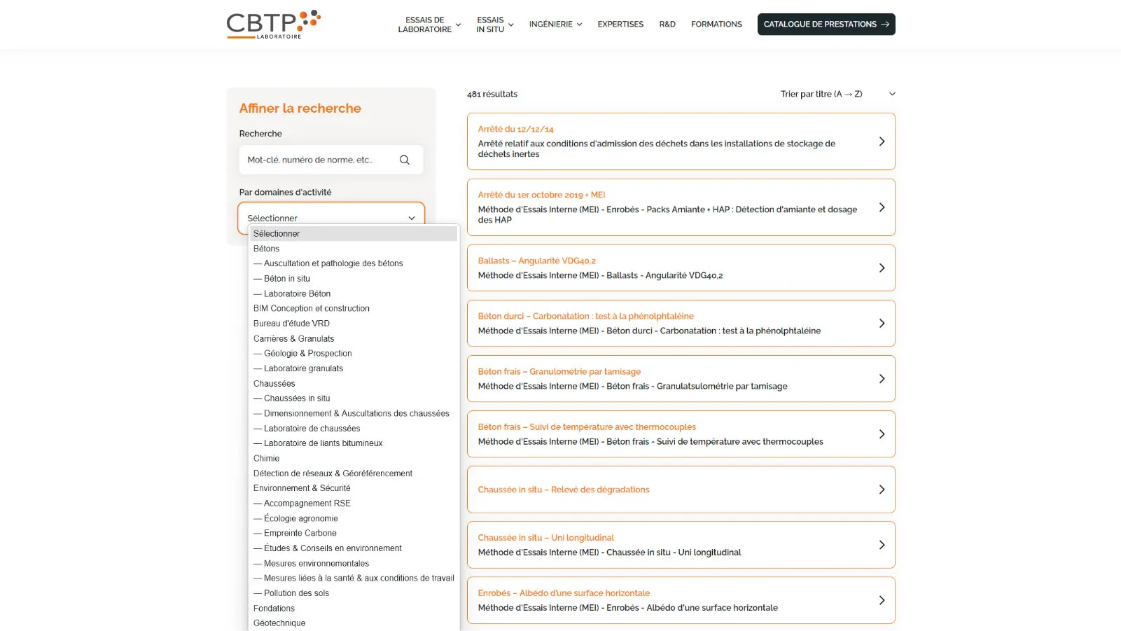 Page du catalogue de prestations